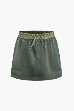 Contrast Tie-Up Elastic Waistband Skirt