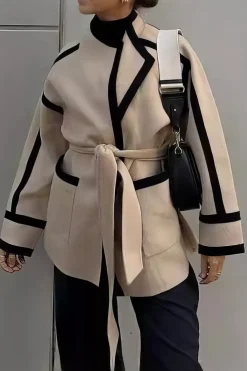 Contrast Trim Belted Wrap Coat