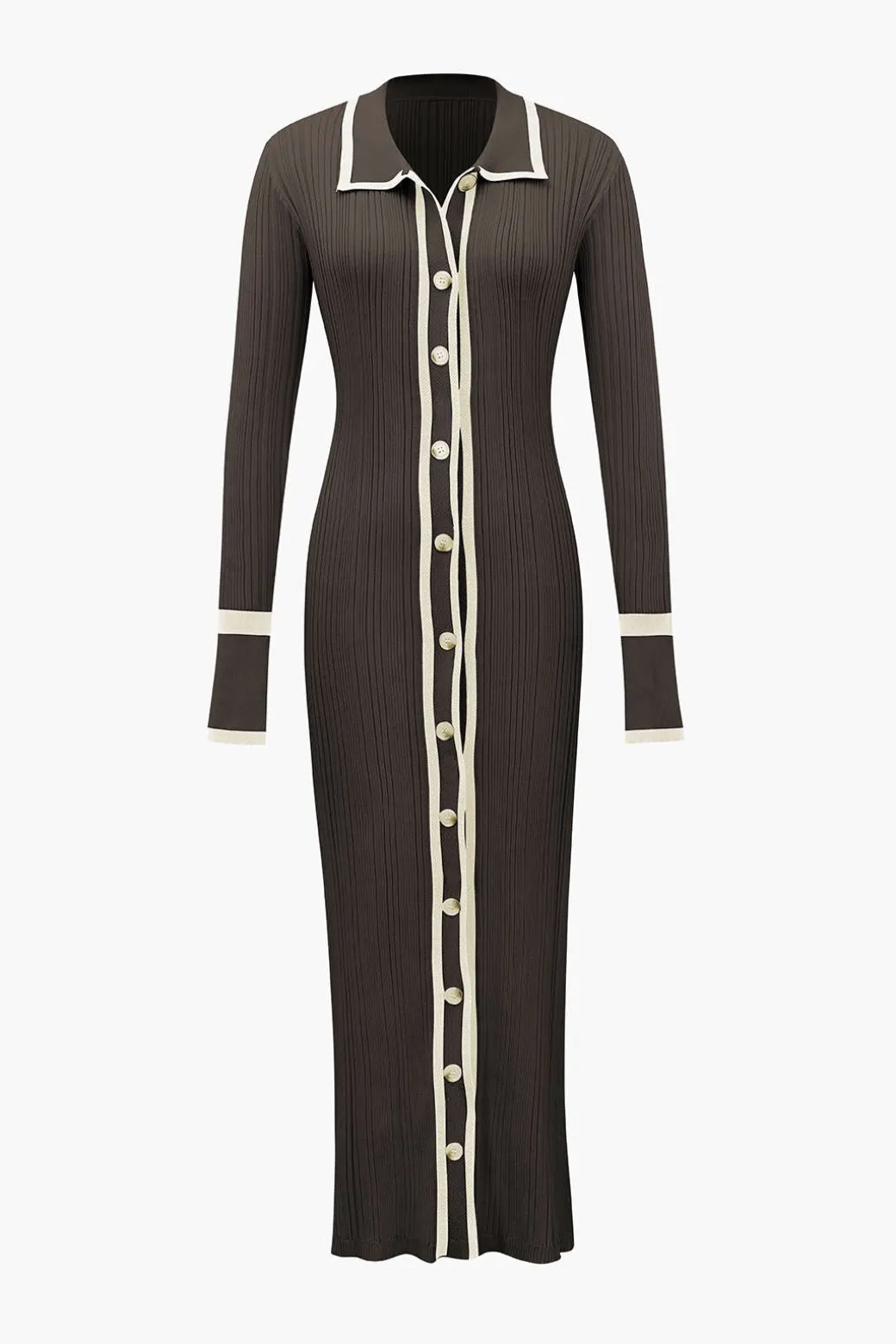 Contrast Trim Button Down Knitted Dress
