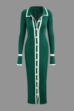Contrast Trim Button Down Knitted Dress