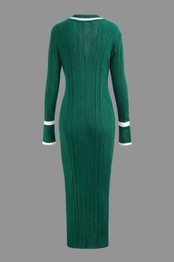 Contrast Trim Button Down Knitted Dress