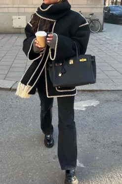 Contrast Trim Wool-blend Coat With Tassel Scarf
