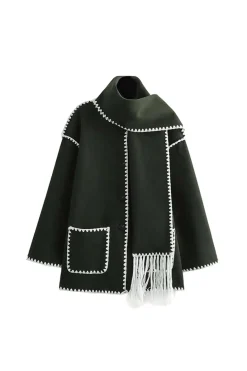 Contrast Trim Wool-blend Coat With Tassel Scarf