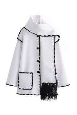 Contrast Trim Wool-blend Coat With Tassel Scarf