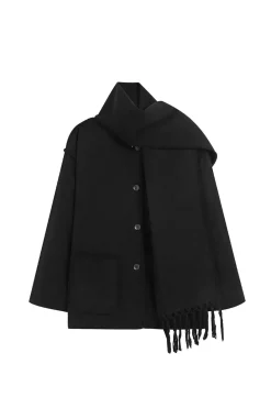 Contrast Trim Wool-blend Coat With Tassel Scarf