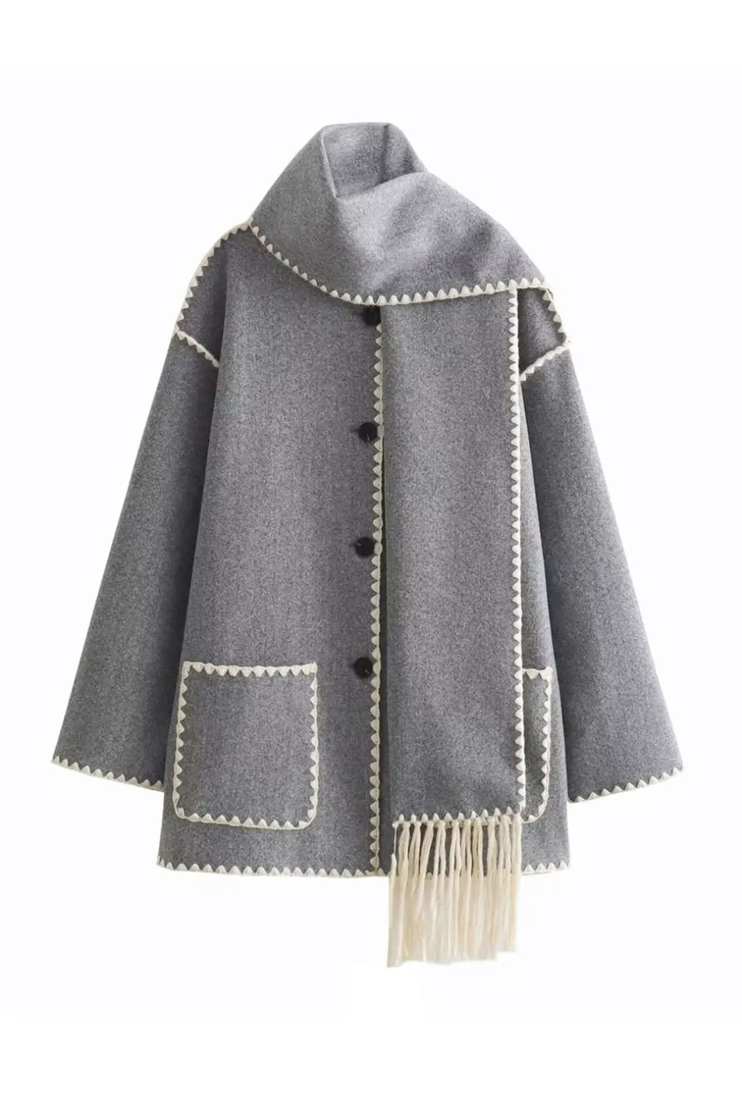 Contrast Trim Wool-blend Coat With Tassel Scarf