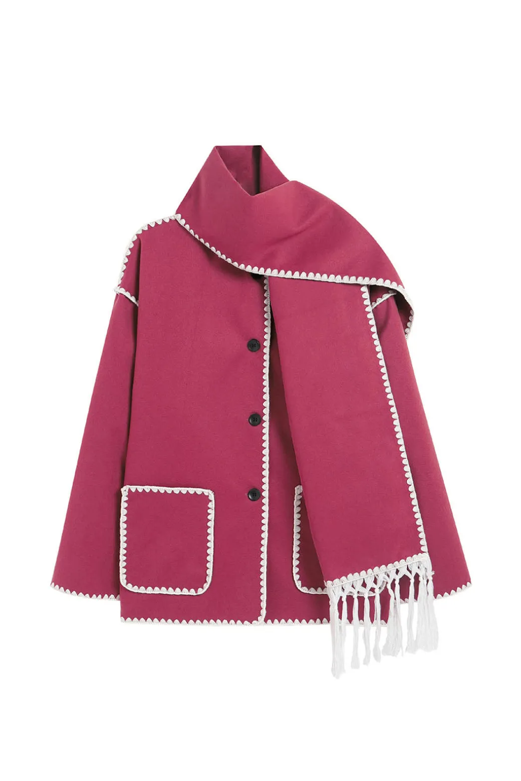 Contrast Trim Wool-blend Coat With Tassel Scarf