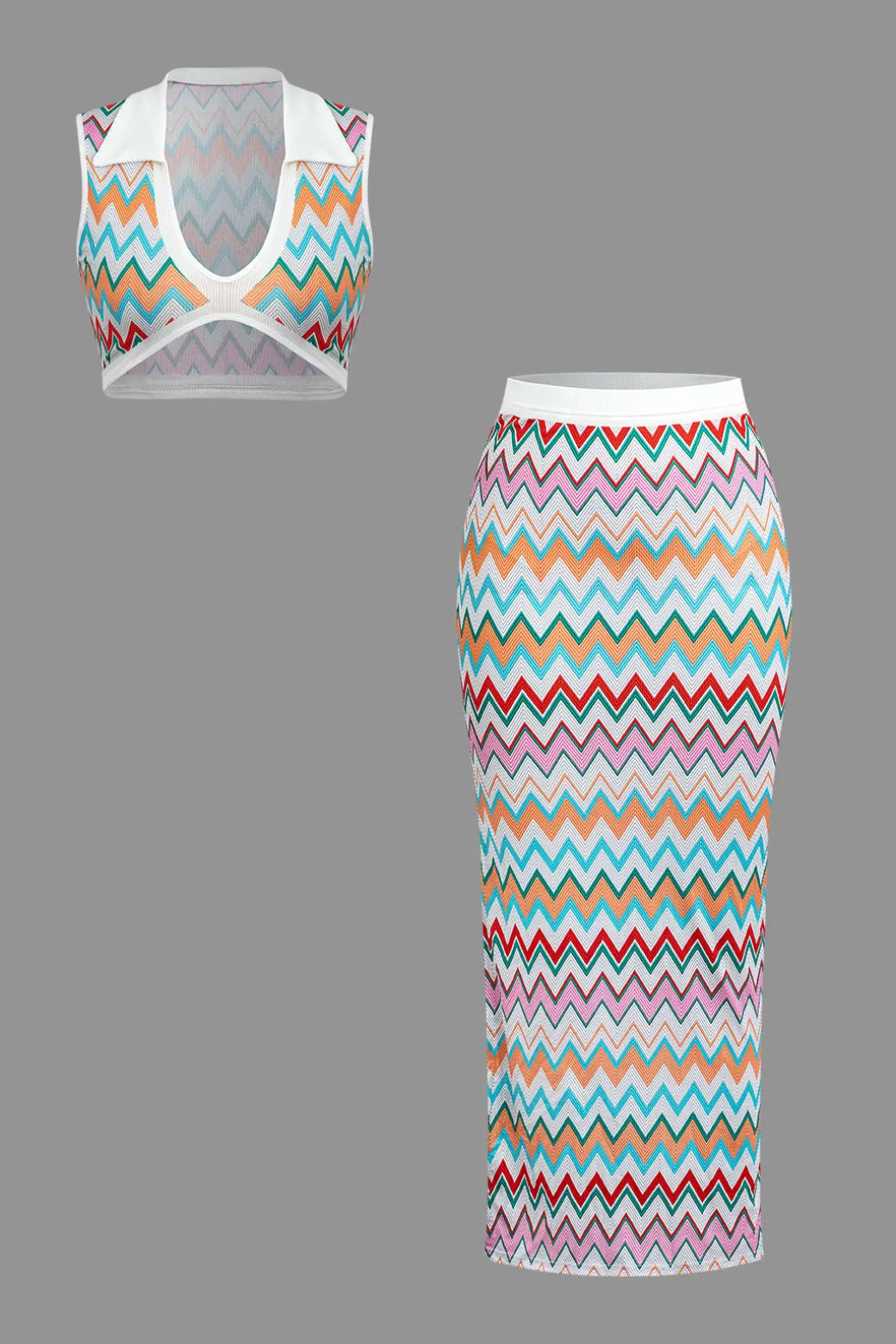 Contrast V-neck Crop Knit Tank Top And Split Maxi Skirt Set