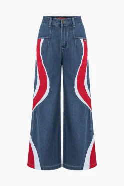 Contrast Wave Pattern Wide Leg Jeans