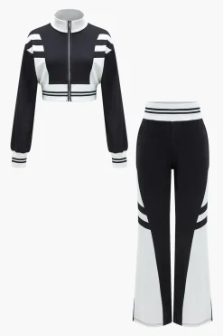 Contrast Zipper Collar Cropped Jacket And Trousers Set