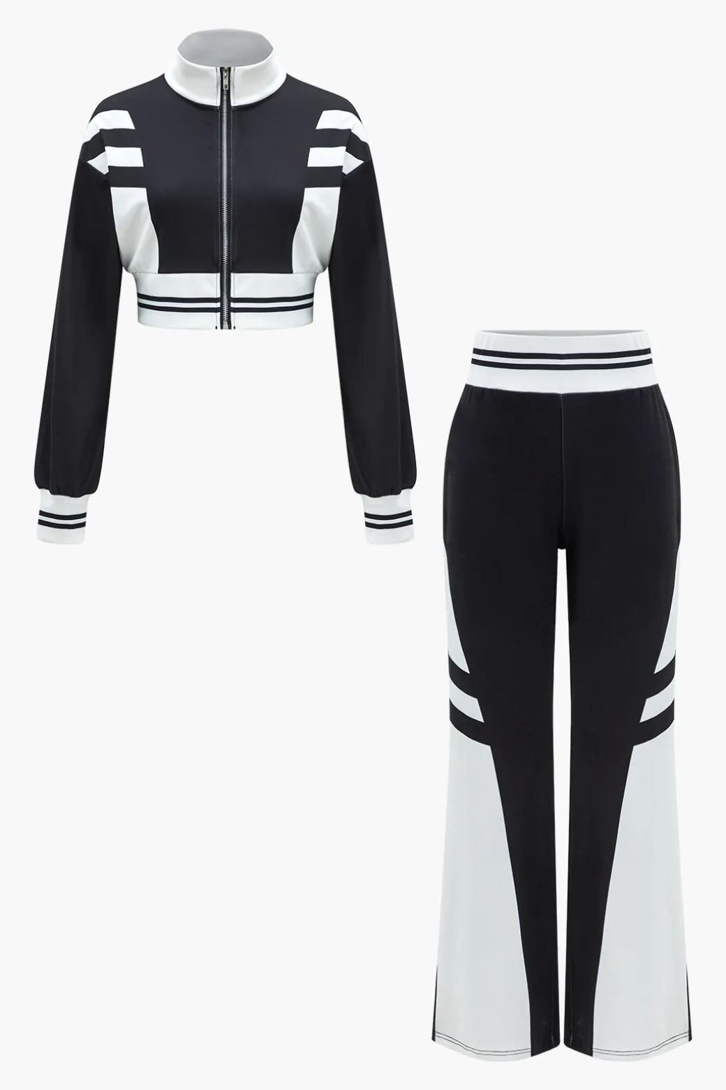 Contrast Zipper Collar Cropped Jacket And Trousers Set