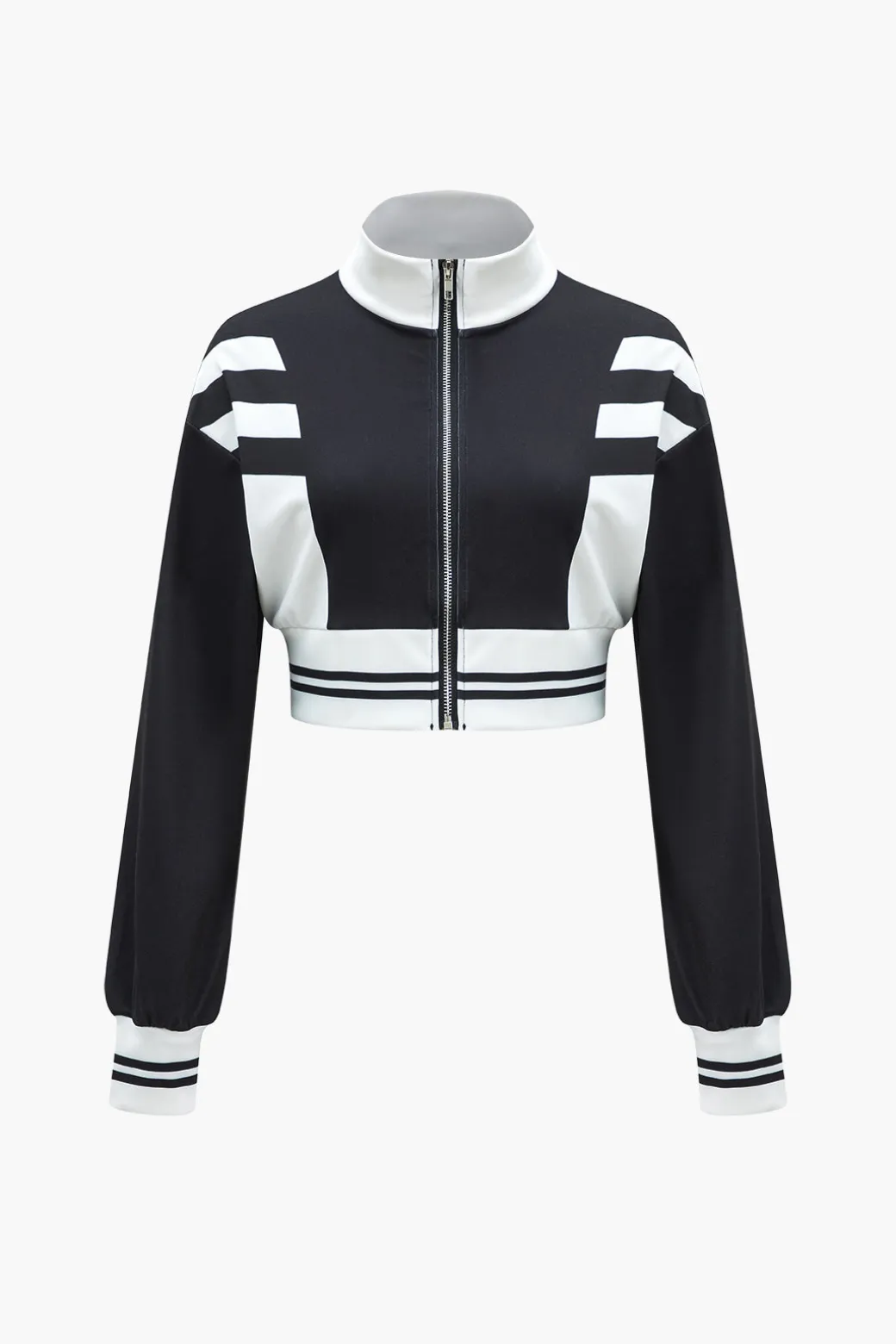Contrast Zipper Collar Cropped Jacket And Trousers Set