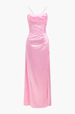 Corset Cowl Neck High Slit Maxi Dress
