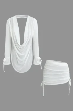 Cowl Neck Backless Tie Mesh Top And Asymmetrical Mini Skirt Set