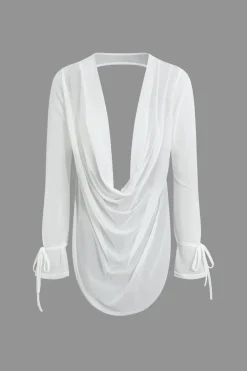 Cowl Neck Backless Tie Mesh Top And Asymmetrical Mini Skirt Set