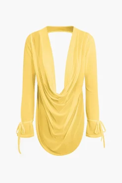 Cowl Neck Backless Tie Mesh Top And Asymmetrical Mini Skirt Set