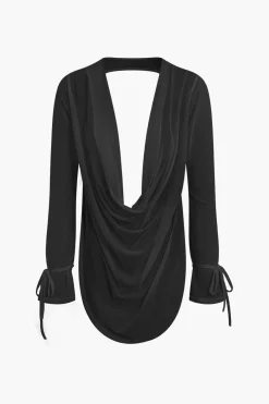 Cowl Neck Backless Tie Mesh Top And Asymmetrical Mini Skirt Set