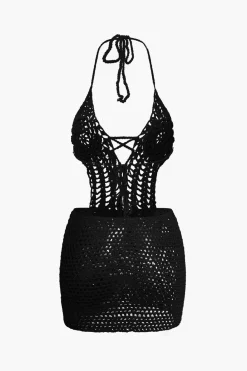 Crochet Halter Backless Mini Dress