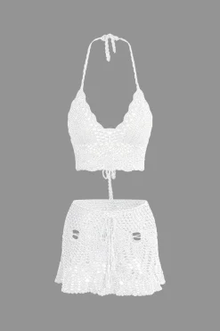 Crochet Halter Knit Cami Top And Mini Skirt Set