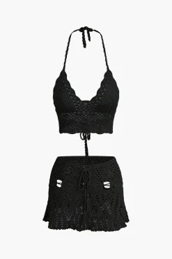 Crochet Halter Knit Cami Top And Mini Skirt Set