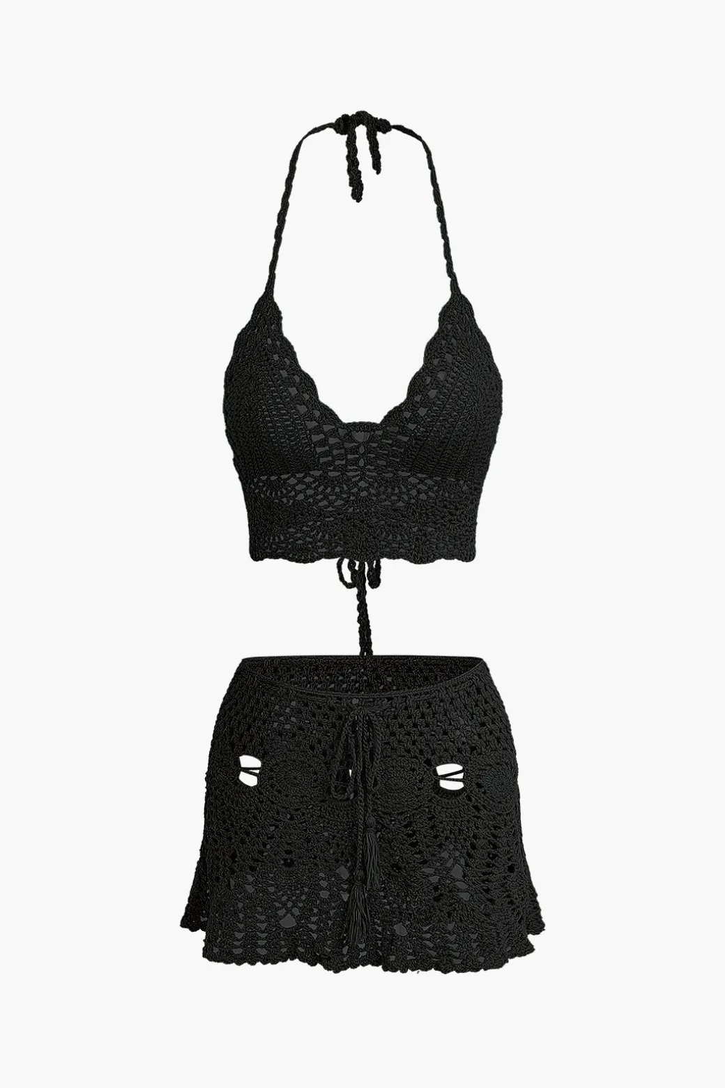 Crochet Halter Knit Cami Top And Mini Skirt Set