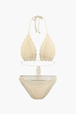 Crochet Halter Neck Bikini Set And Asymmetric Tassel Cover Up Set