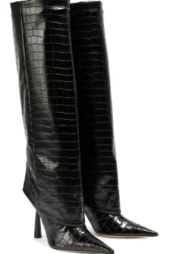 Crocodile Faux Leather Stiletto Pointed Toe Knee High Boots