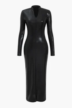 Crocodile Faux Leather Zipper V-Neck Maxi Dress