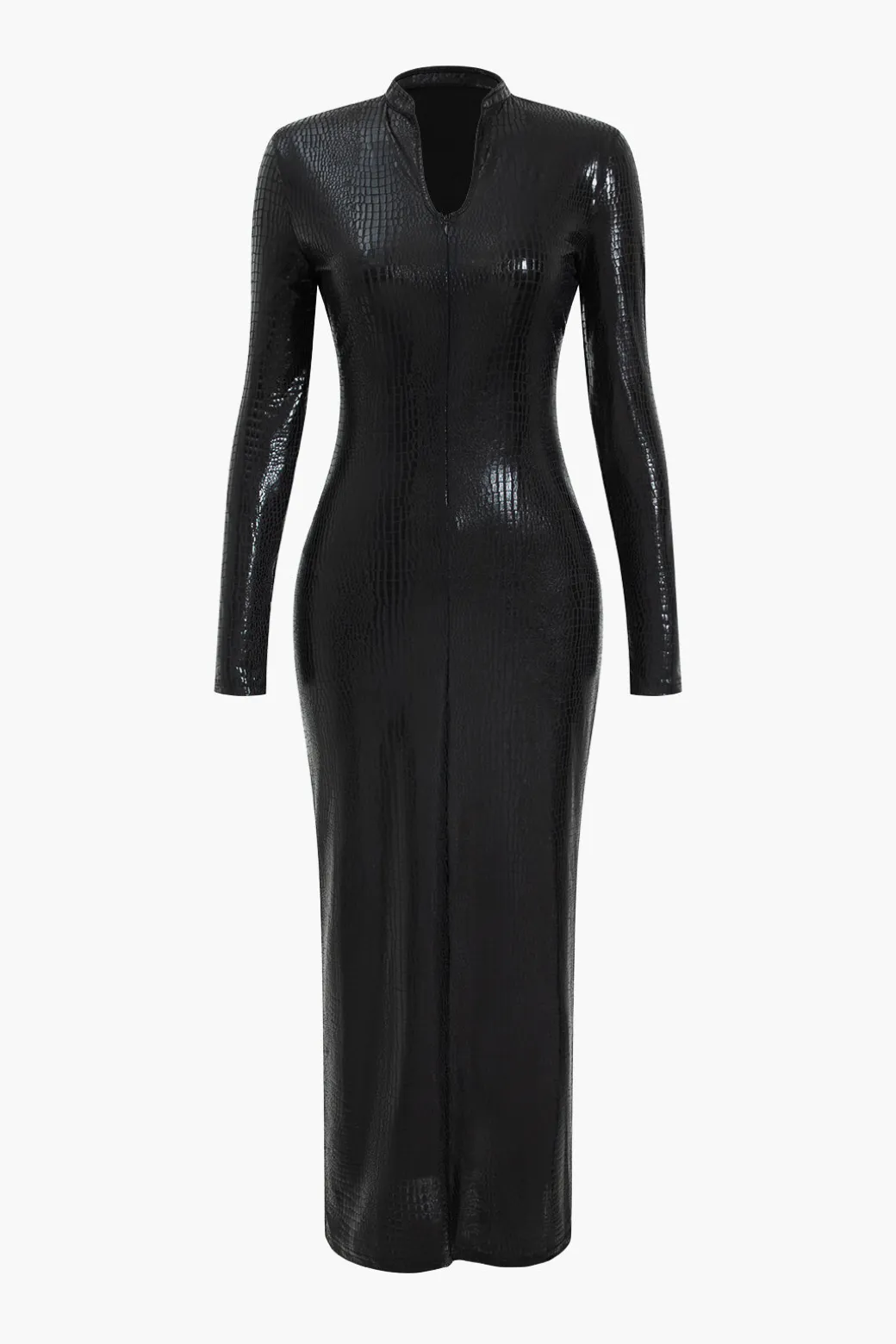 Crocodile Faux Leather Zipper V-Neck Maxi Dress