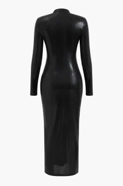 Crocodile Faux Leather Zipper V-Neck Maxi Dress