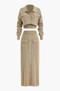 Cropped Button-Up Knit Top And Maxi Skirt Set