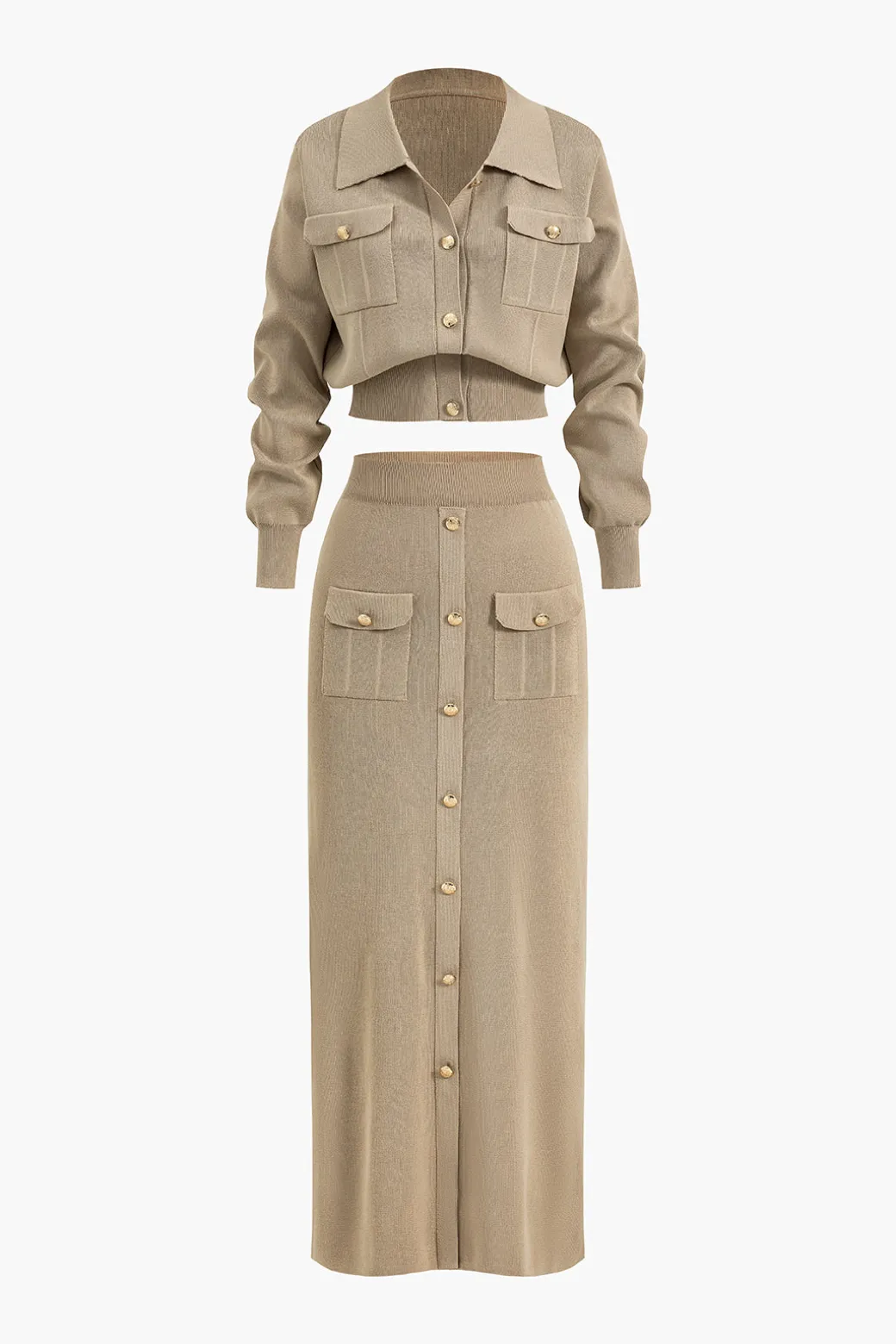 Cropped Button-Up Knit Top And Maxi Skirt Set