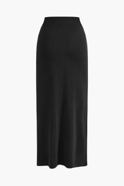 Cropped Button-Up Knit Top And Maxi Skirt Set