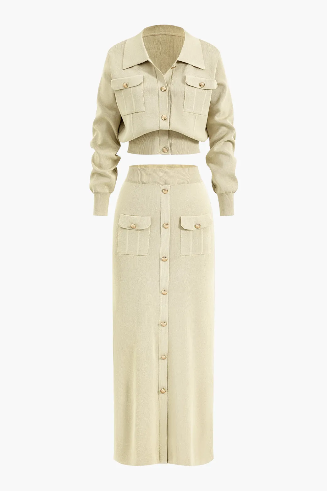Cropped Button-Up Knit Top And Maxi Skirt Set