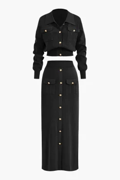 Cropped Button-Up Knit Top And Maxi Skirt Set