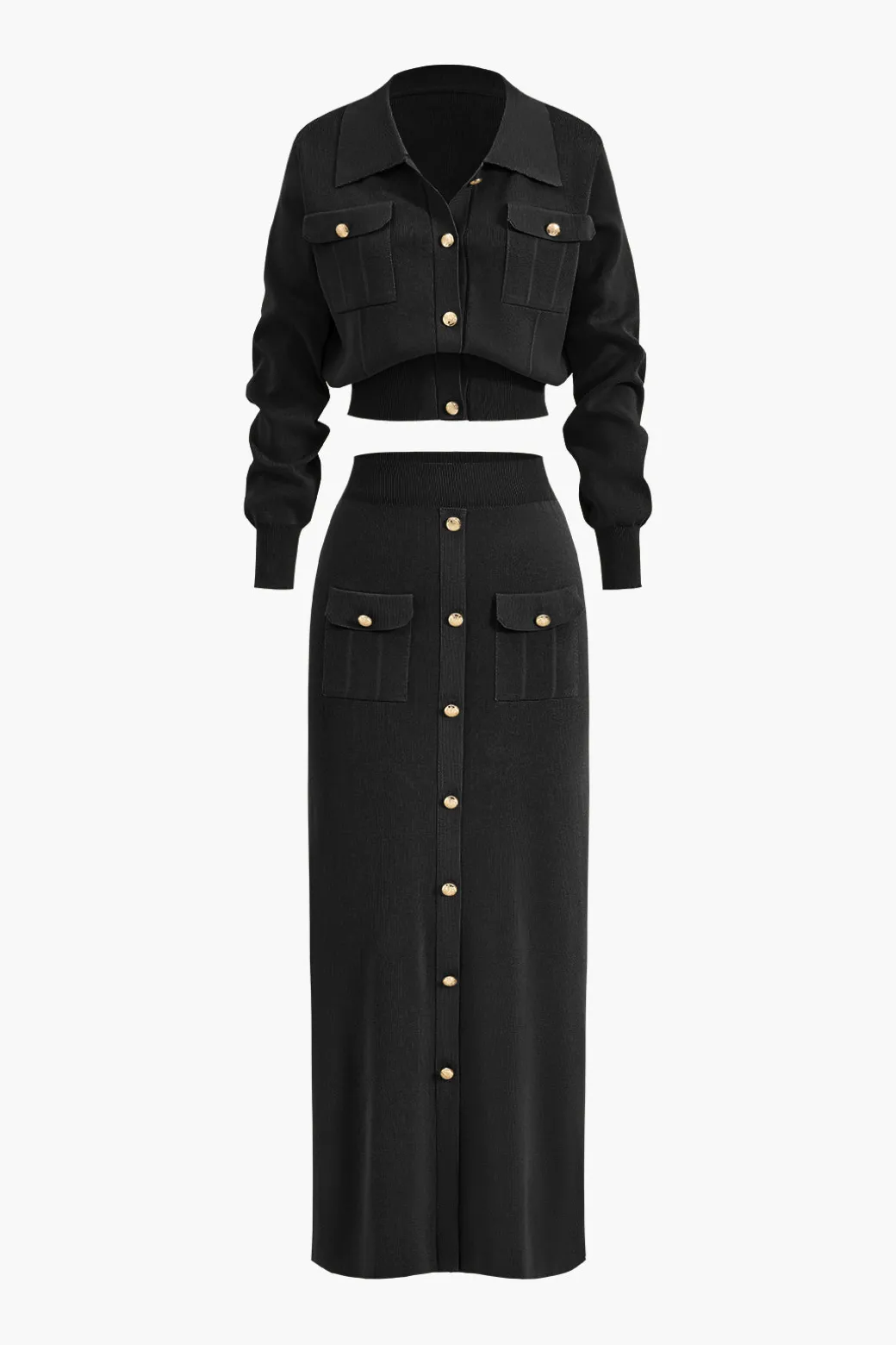 Cropped Button-Up Knit Top And Maxi Skirt Set