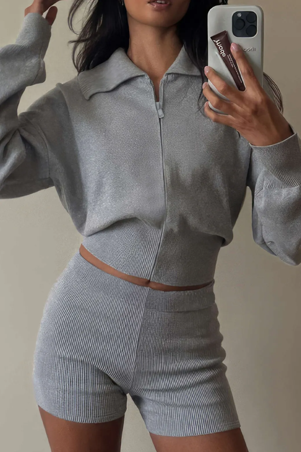 Cropped Zipper Top And Shorts Set