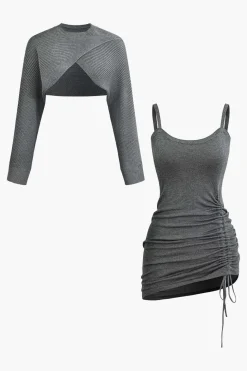 Cross Cut Out Crop Top And Asymmetrical Drawstring Mini Dress Set
