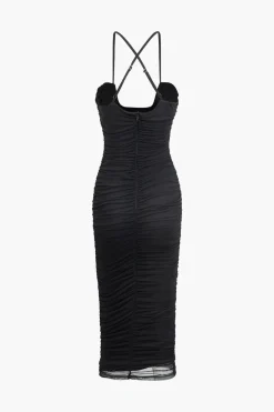 Cross Strap Mesh Ruched Midi Dress