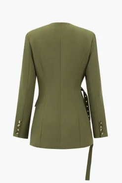Crossed Button Pocket Belted Blazer