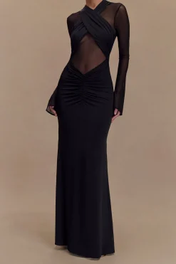 Crossed Mesh Sheer V-Neck Long Sleeve Maxi Dress