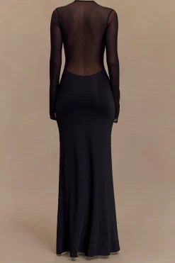 Crossed Mesh Sheer V-Neck Long Sleeve Maxi Dress