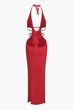 Cut Out Halter Backless Knit Maxi Dress