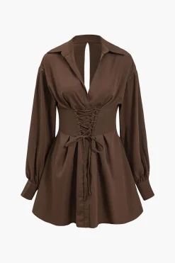 Cut Out Lace Up Long Sleeve Mini Dress