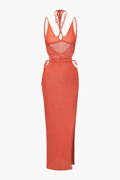 Cut Out Open Knit Backless Halter Maxi Dress