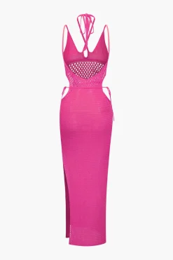 Cut Out Open Knit Backless Halter Maxi Dress