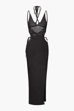 Cut Out Open Knit Backless Halter Maxi Dress