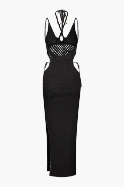 Cut Out Open Knit Backless Halter Maxi Dress