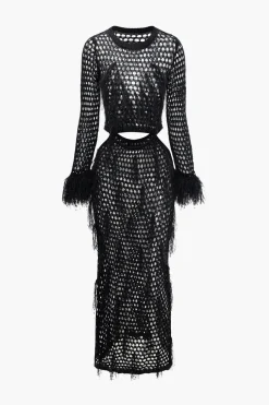 Cut Out Open Knit Fringe Cuff Maxi Dress