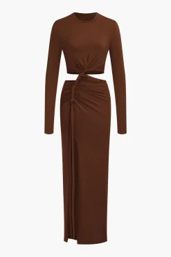 Cut Out Ruched Long Sleeve Maxi Dress